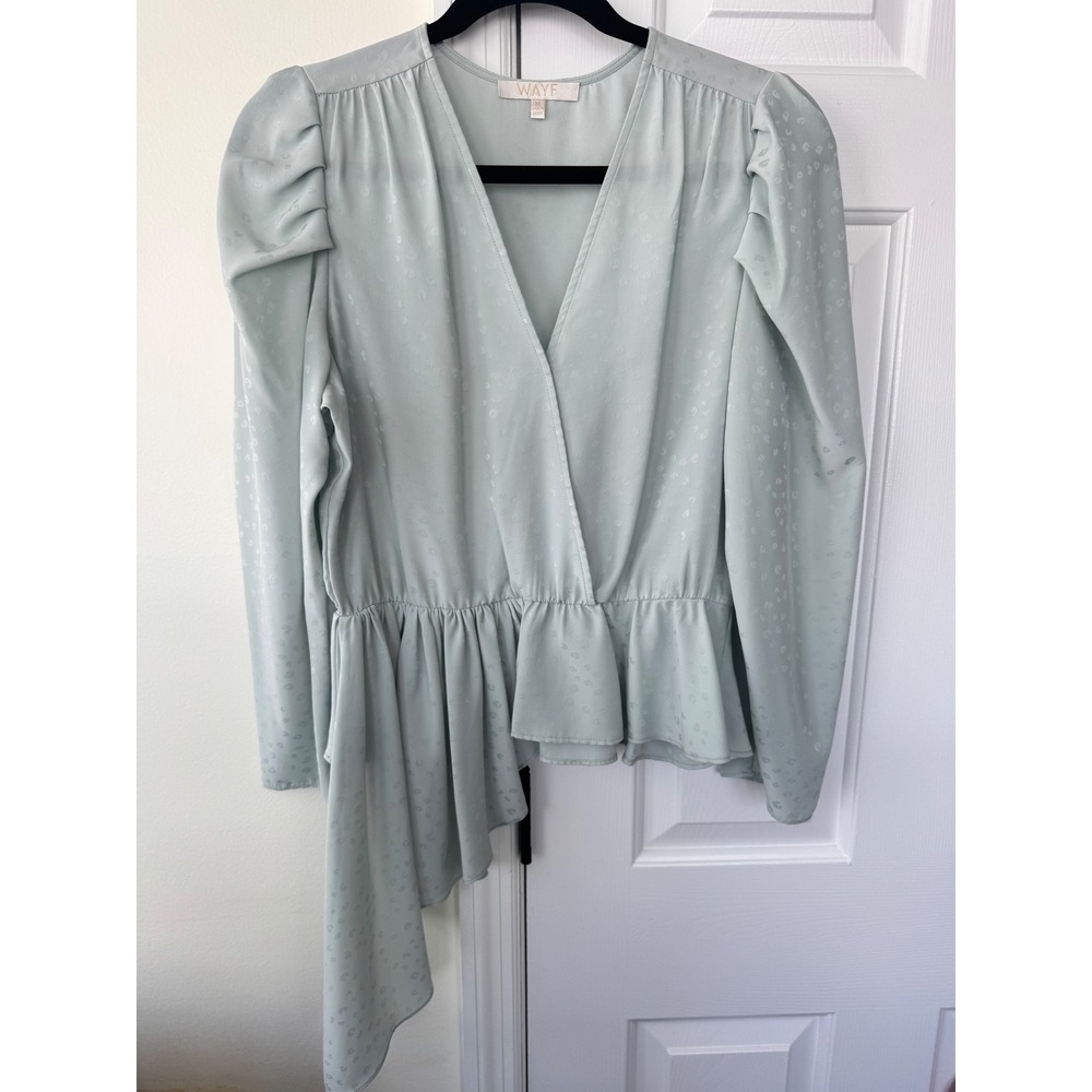 WAYF Sage Green Jacquard Animal Print Peplum Wrap Blouse Puff Sleeve Medium